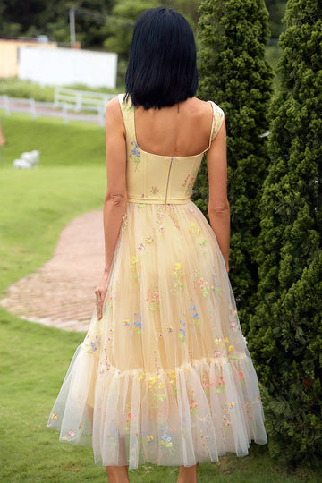 Yellow Floral Ankle-Length Ball Dress with Embroidery